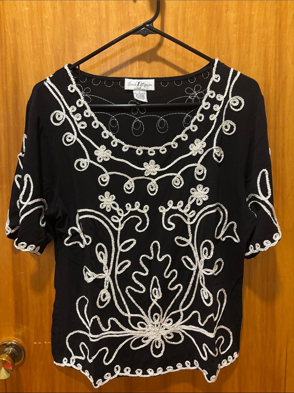 Embroidered Black Short Sleeve Blouse with White Floral Accents